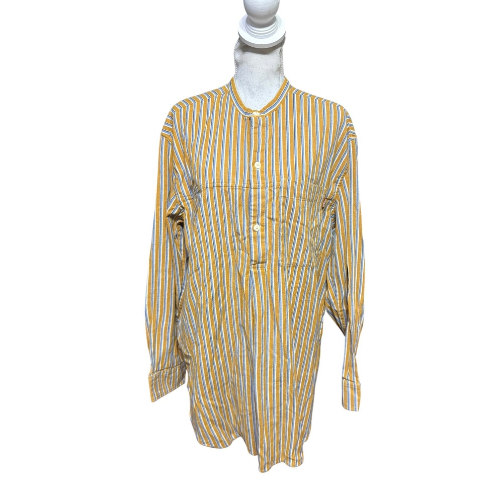 18 East Mens Striped Popover Band Collar Shirt Yellow Blue Cotton Large L